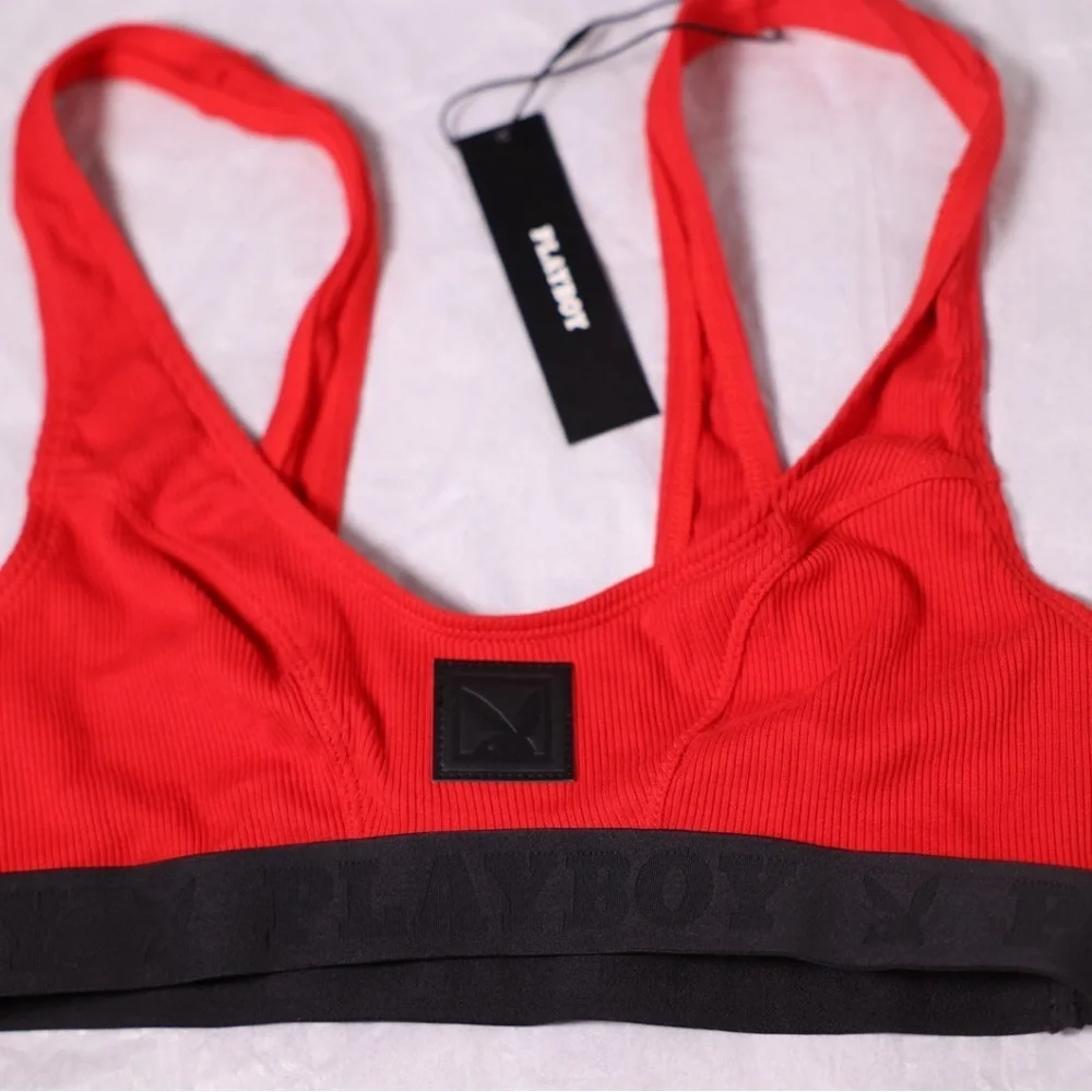 🅽🅴🆆 𝐏𝐋𝐀𝐘𝐁𝐎𝐘 Essentials Rib Scoop Neck Bra, red bralette, size Small